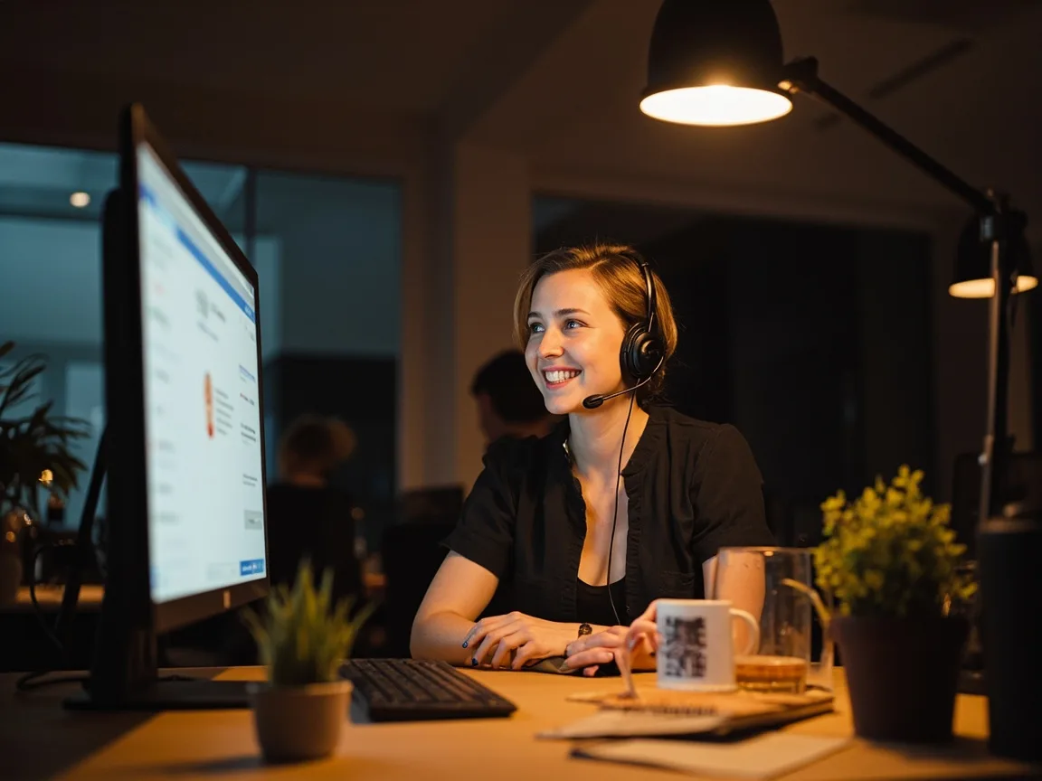 European BLB customer service representative wearing a headset, smiling while chatting with a customer on her monitor, 2026