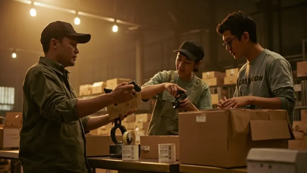 Three BLB warehouse workers packing e-commerce orders at a warm-lit fulfillment station, 2026
