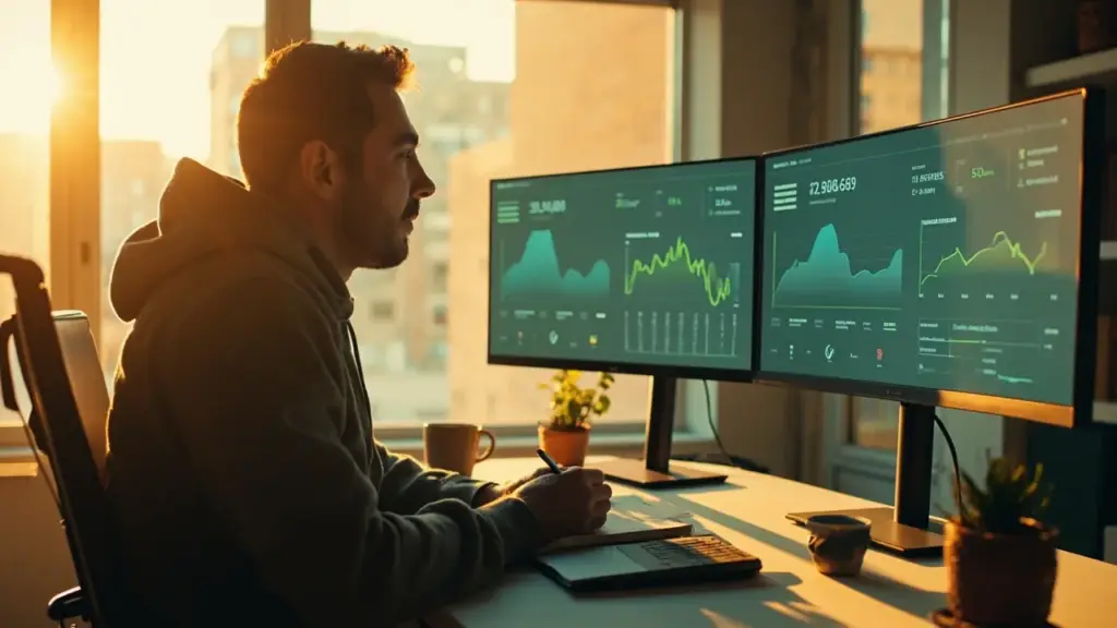 Dropshipping store owner analyzing ecommerce data and niche performance on multiple screens