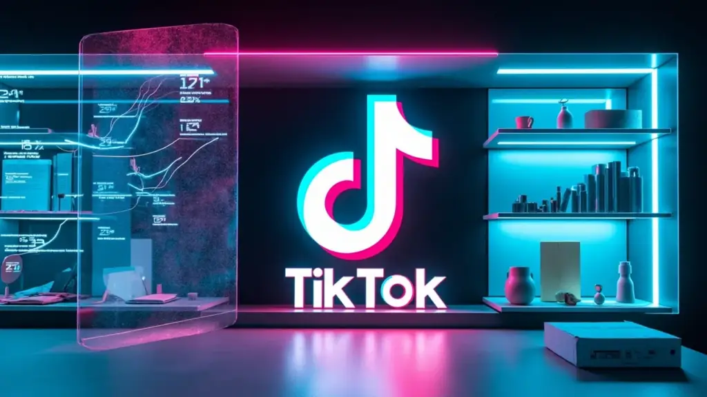 TikTok Shop 2026 trending categories displayed on neon-lit shelves with product analytics overlay