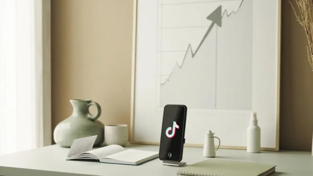 Trending dropshipping niches 2026: TikTok phone, planner journal, and rising sales chart on a styled desk