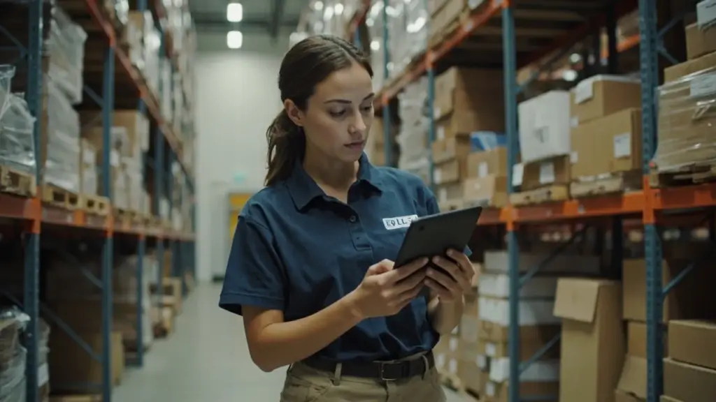 BLB warehouse team member auditing inventory with a tablet in a fully stocked aisle