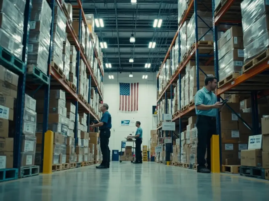 Interno del magazzino BLB negli Stati Uniti con scaffalature ad alta densità, personale addetto alla logistica statunitense e bandiera americana.