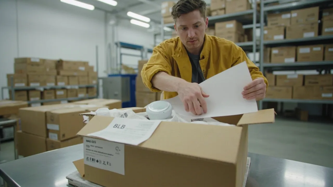 BLB warehouse worker packing a branded order box with fulfillment paperwork on a packing station