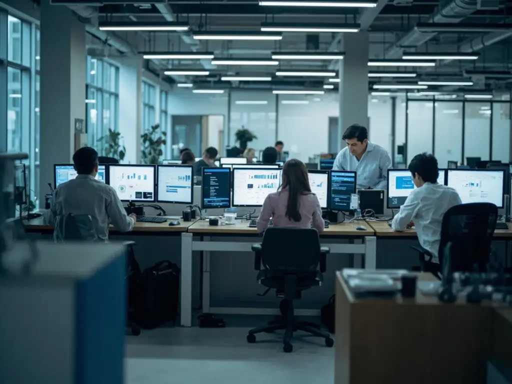 BLB Dropshipping partner operations team working at multi-monitor workstations in open office