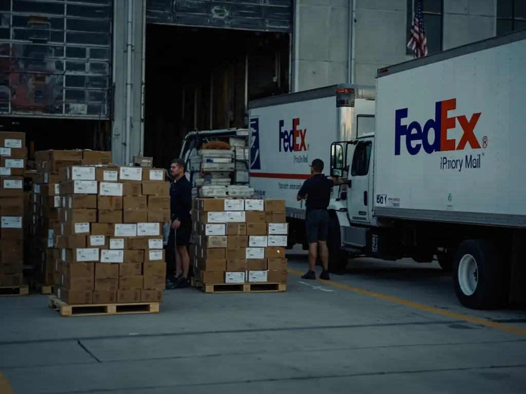 BLB US warehouse outbound dock with FedEx Ground trucks loading orders for 2-day delivery