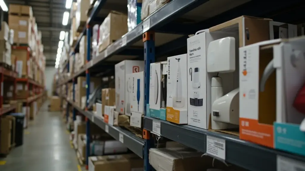 Wide variety of consumer products organized on BLB fulfillment warehouse shelves including kitchen appliances and household goods