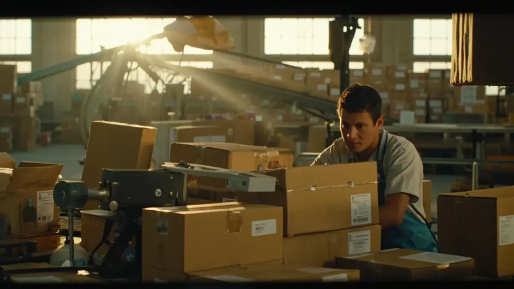 BLB fulfillment worker packing dropshipping orders in a global warehouse with conveyor belt and packed cardboard boxes