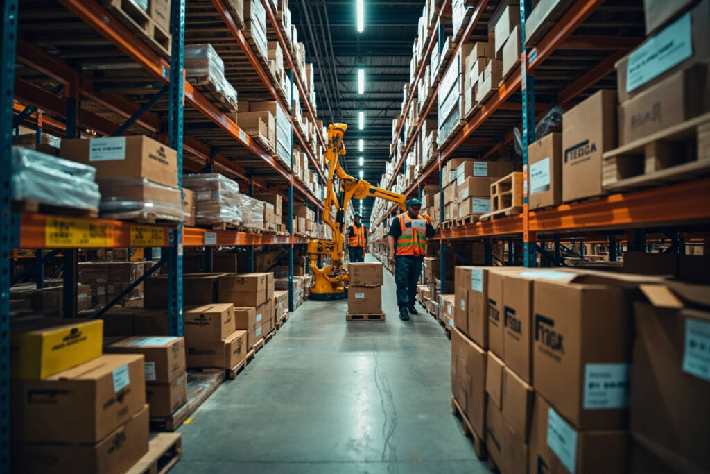 Wide view inside a US fulfillment center aisle lined with racked inventory and a worker in a high-visibility vest.