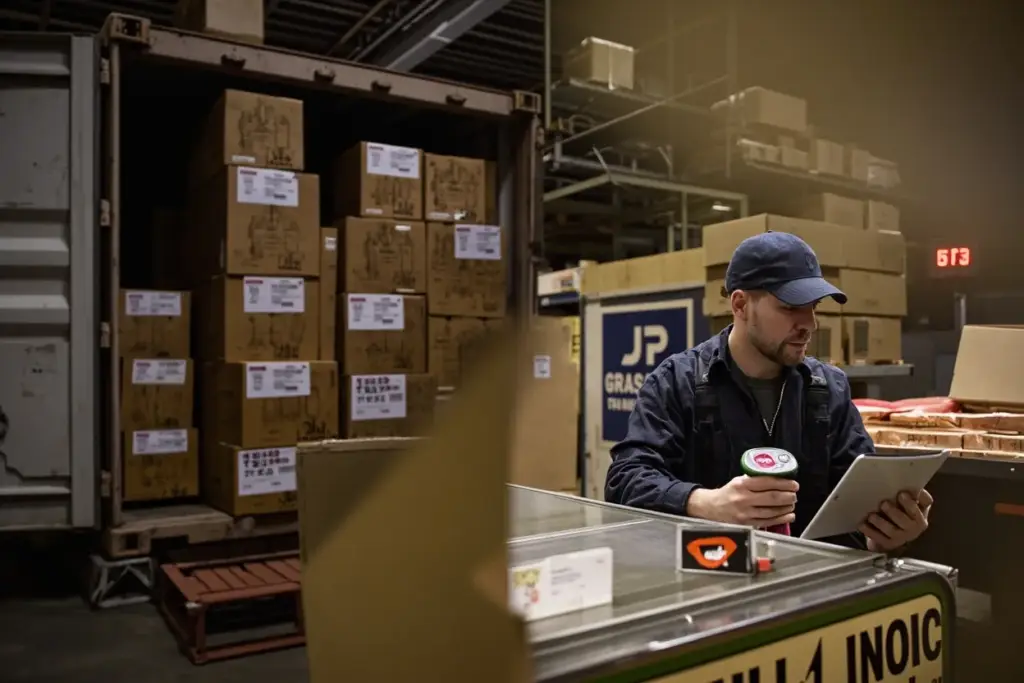 Warehouse worker using a handheld barcode scanner and tablet to perform quality control on a packed shipping container.