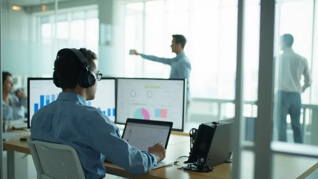 Tre professionisti del dropshipping collaborano in un moderno ufficio tecnologico con dashboard di analisi sui monitor, ripresi di spalle per preservare la composizione spontanea