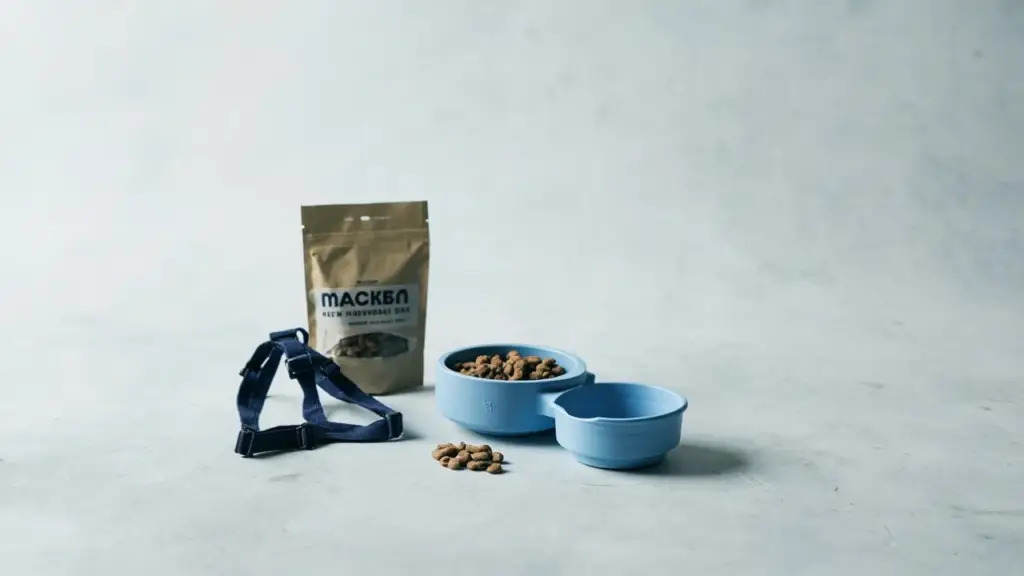 Accessori da viaggio per animali domestici, tra cui una ciotola per l'acqua pieghevole in silicone, una pettorina blu navy e snack naturali a base di canapa per cani, fotografati su una superficie pulita in studio.