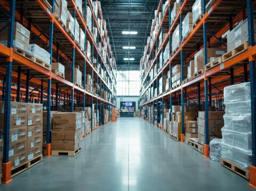 Vidvinkelinteriör i ett modernt industriellt distributionslager med orangeröda och blå metallpallställ lastade med staplade bruna wellpapplådor, vita plastbehållare, polerat betonggolv, kontrollrum med glasväggar, inga synliga personer