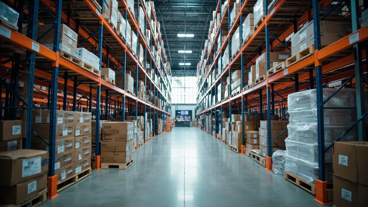 Interno grandangolare di un moderno magazzino di smistamento industriale con scaffalature metalliche arancioni, rosse e blu cariche di scatole di cartone ondulato marroni impilate, contenitori di plastica bianca, pavimento in cemento lucidato, sala di controllo operativa con pareti in vetro, nessuna persona visibile