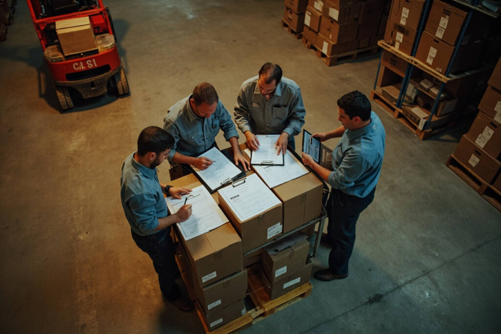 Three warehouse team members reviewing pick lists and shipping documents around stacked cardboard boxes at a fulfillment center.