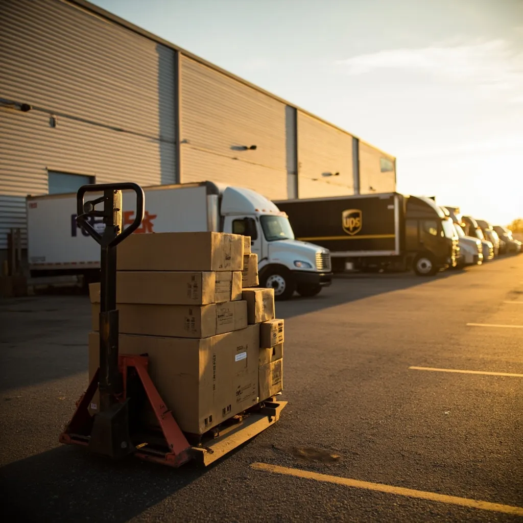 Exterior of an east coast fulfillment warehouse with UPS and FedEx trucks lined up at loading docks
