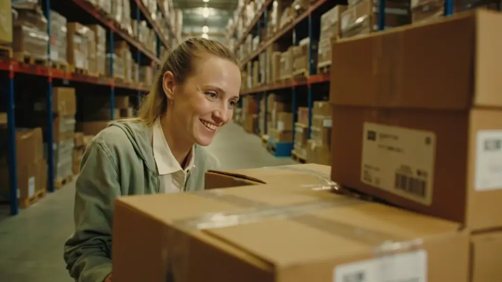 Small business owner checking branded inventory boxes inside a US fulfillment warehouse, warm natural lighting
