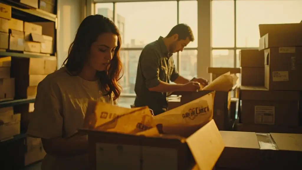 Two fulfillment workers packing subscription boxes at a US warehouse packing station — one placing tissue paper, another applying shipping labels