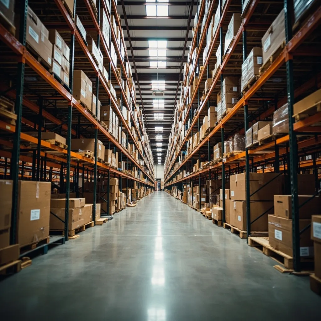Wide view inside an American ecommerce warehouse with tall industrial shelving and palletized inventory