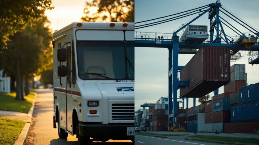 Jämförande fotografi med delat snitt: vänster sida visar en USPS last mile-leveranslastbil på en lugn amerikansk bostadsgata vid solnedgången under den gyllene timmen; höger sida visar en 12 meter lång fraktcontainer som lyfts av en portalkran upp på ett lastfartyg i en utländsk hamn.