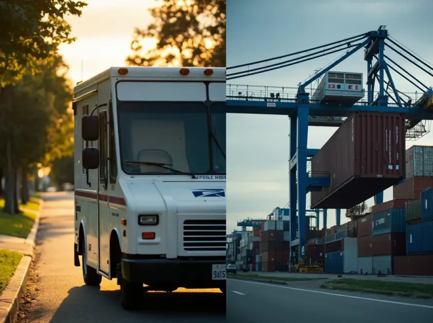 Jämförande fotografi med delat snitt: vänster sida visar en USPS last mile-leveranslastbil på en lugn amerikansk bostadsgata vid solnedgången under den gyllene timmen; höger sida visar en 12 meter lång fraktcontainer som lyfts av en portalkran upp på ett lastfartyg i en utländsk hamn.
