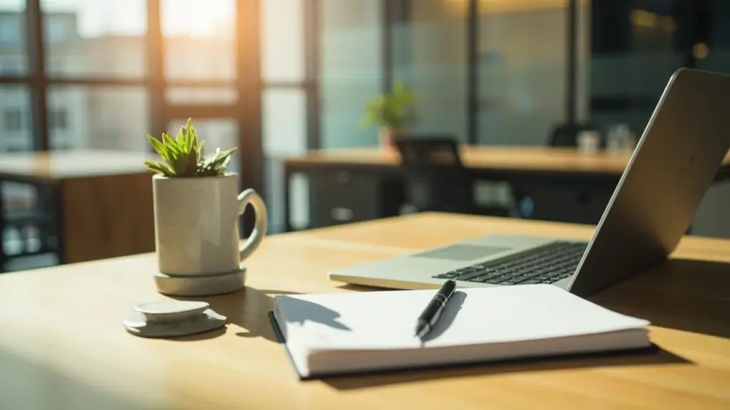 Modern office desk with laptop, notebook, and plants for dropshipping niche research.