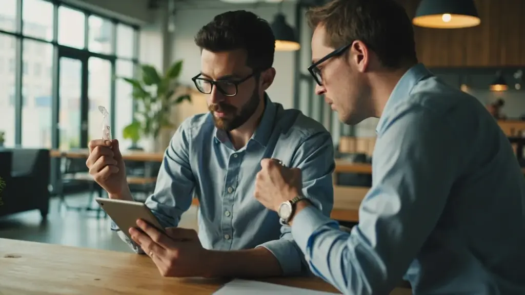 Two Shopify ecommerce professionals reviewing products in a modern office workspace.