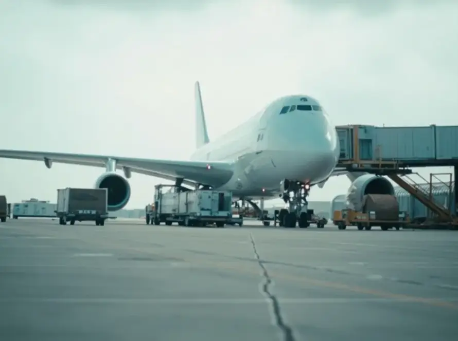 Kommersiellt fraktflygplan på flygplatsförkläde med ULD-containrar för internationell flygfrakt.