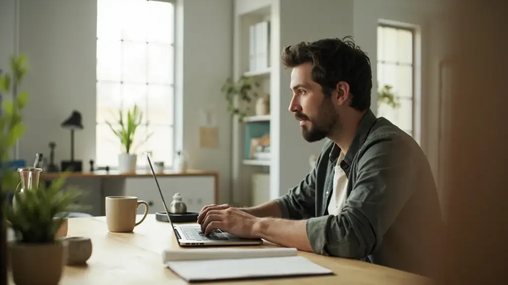 Shopify ecommerce business owner working at home office desk with laptop and notebook.