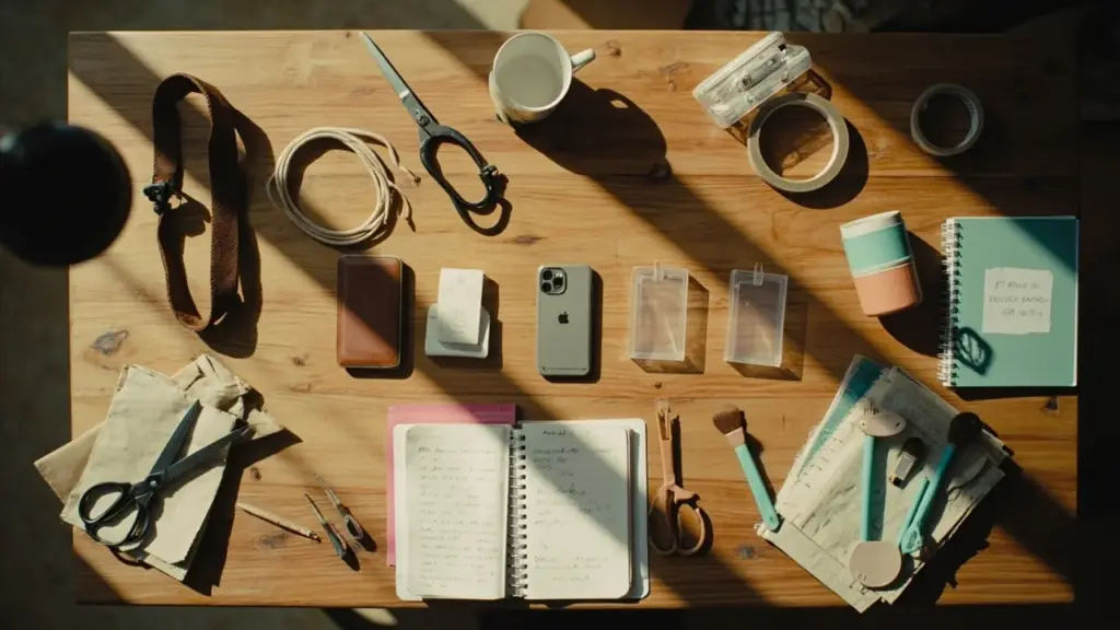 Overhead view of a wooden worktable showing seven beginner-friendly dropshipping niches laid out as product samples: pet accessories, phone case, home organizers, fitness band, stationery, makeup brushes, and kitchen tools.