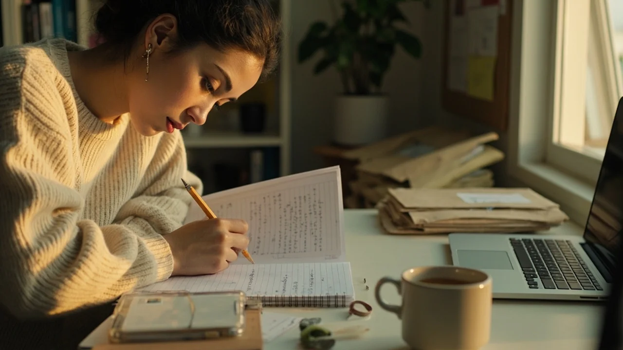 Side view of a young woman writing a 30-day dropshipping launch plan in a spiral notebook at a home office desk, with product samples, coffee, and a laptop beside her.