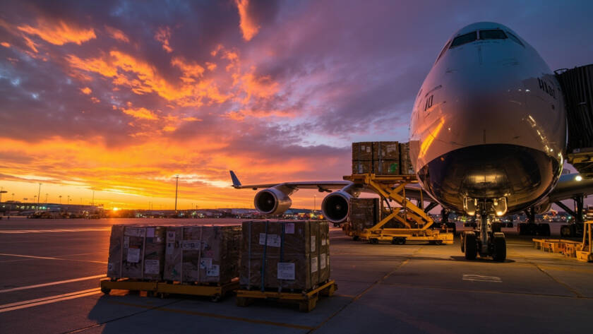 Boeing 747 fraktflygplan lastat med ULD-palleterad last vid en internationell flygplatsfraktterminal vid solnedgången, vilket representerar den konsoliderade flygfraktnivån i 2026 års dropshipping-fullföringskostnadsmatris.