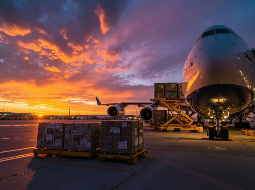 Boeing 747 fraktflygplan lastat med ULD-palleterad last vid en internationell flygplatsfraktterminal vid solnedgången, vilket representerar den konsoliderade flygfraktnivån i 2026 års dropshipping-fullföringskostnadsmatris.