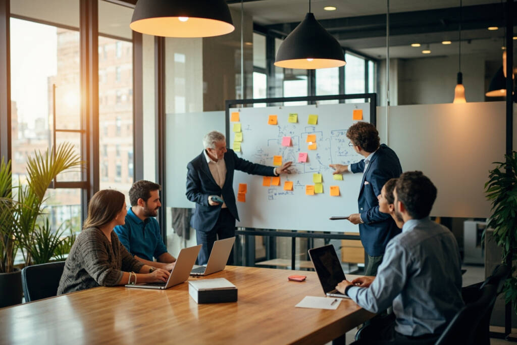 Ein diverses, funktionsübergreifendes Team von Wirtschaftsexperten arbeitet in einem modernen Konferenzraum mit Pendelleuchten und Stadtblick an einer Strategietafel, die mit Flussdiagrammen und bunten Haftnotizen bedeckt ist.