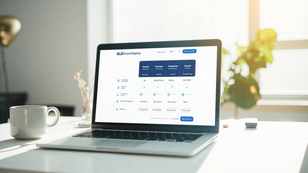 Ein Laptop auf einem sonnendurchfluteten Schreibtisch zeigt die Benutzeroberfläche der BLB Dropshipping-Plattform mit Produktkategorien und Versandoptionen.