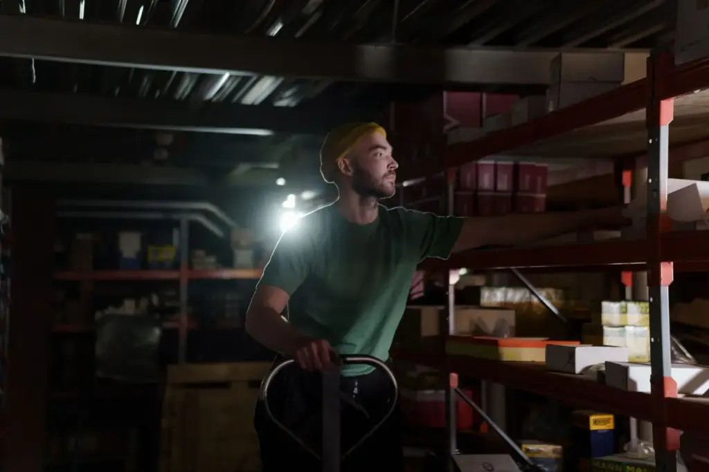 A man in a dark warehouse wearing a yellow beanie and green t-shirt reaches for boxes on tall orange industrial shelving, illustrating the manual labor component behind every 3PL fulfillment pricing line item
